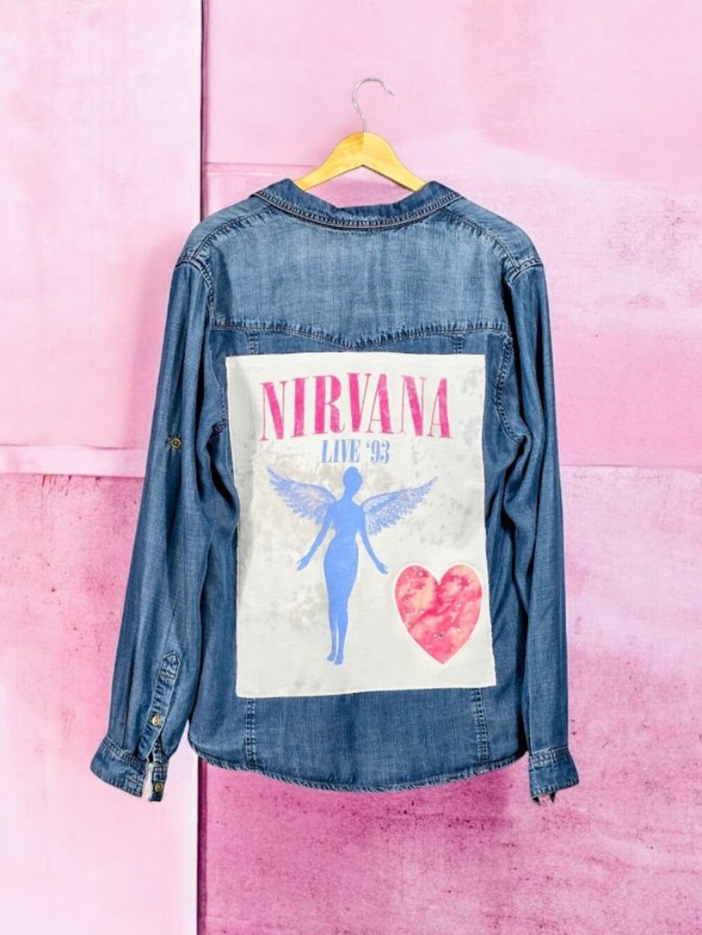 Upcycled Nirvana Patchwork Denim Button Up Shirt L